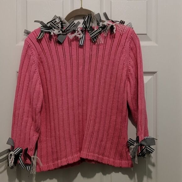 Design Options by Philip & Jane Gordon pink ribbon accent cardigan Sz M EUC - Picture 5 of 5